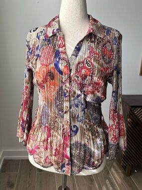 Laura Scott Pleated Paisley Button-Down Blouse in Beige, Pink, Orange, Blue